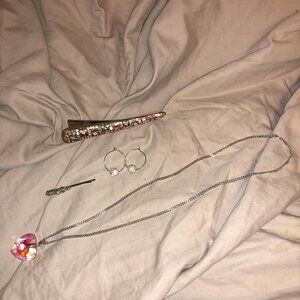 bundle sparkling heart necklace, 2 hair clips, earring set
